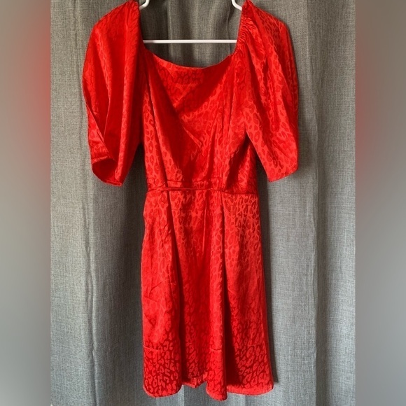 Lulus Red Satin Leopard Print Wrap Mini Dress Medium Puff Sleeve - Picture 3 of 4